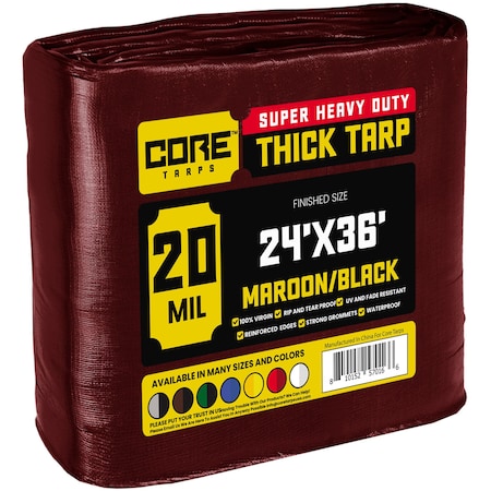 Core Tarps Heavy Duty Tarp, 24 ft x 36 ft, 20 Mil, Maroon, Polyethylene CT-707-24X36